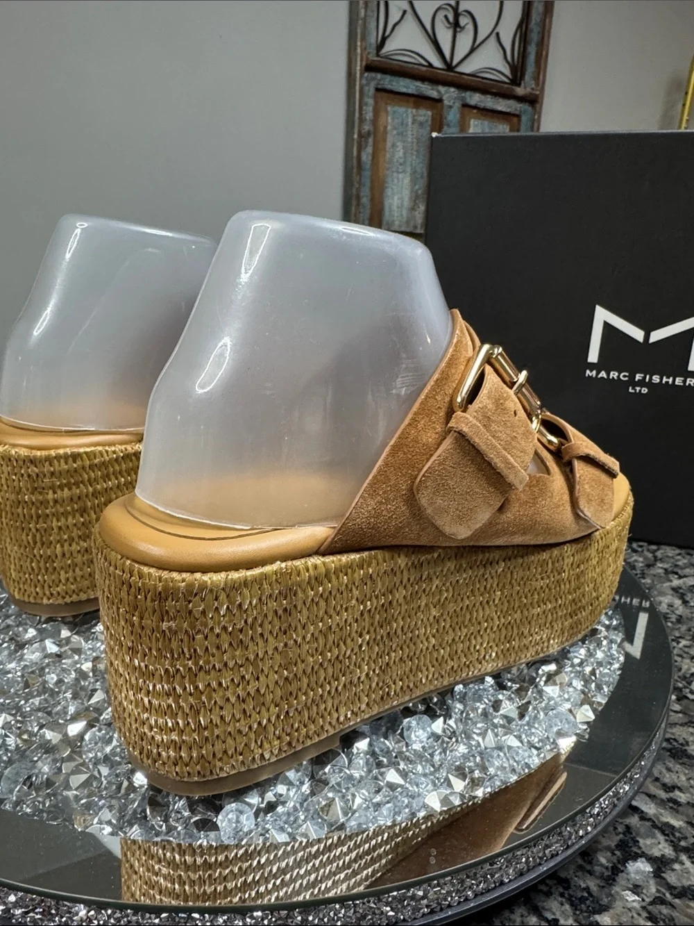 Marc Fisher Palery leather Suede Tan Platform Slide Sandals Buckles Woven sole
